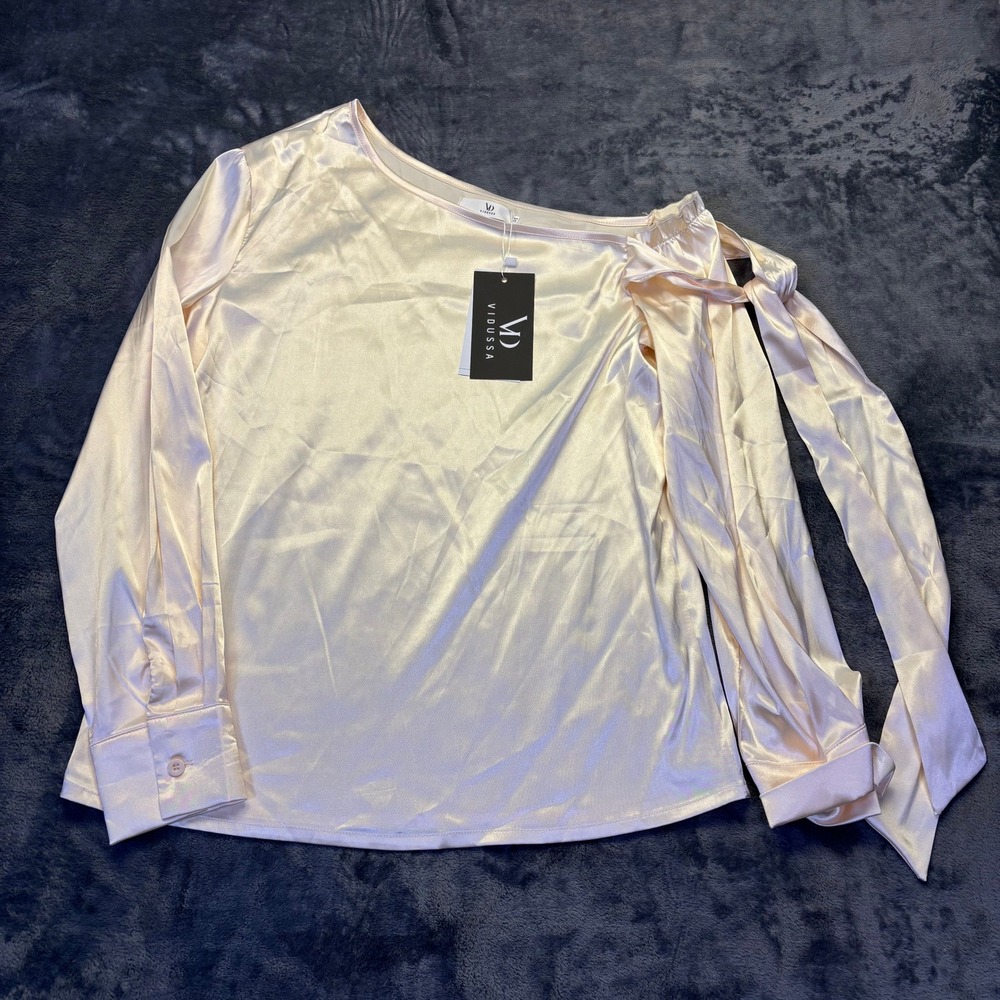 Vidussa NWT Womens Champagne Satin One Shoulder Tie Long Sleeve Blouse‎ Size M